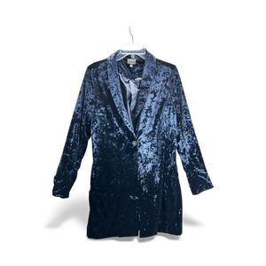 Bobeau Crushed Velvet Long Blazer Navy Blue Single Button Tailored Oversized S